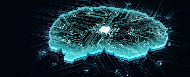 Circuits making the shape of a brain to represent artificial intelligence and machine learning.